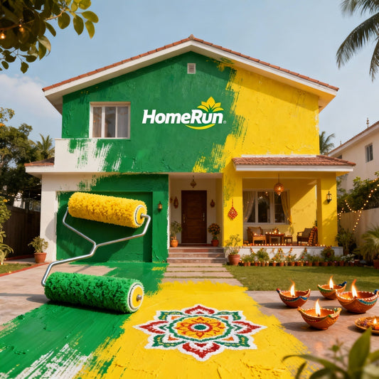“Festive Diwali home exterior painted in vibrant colors with paint rollers and brushes, reflecting HomeRun’s 60-minute paint delivery service