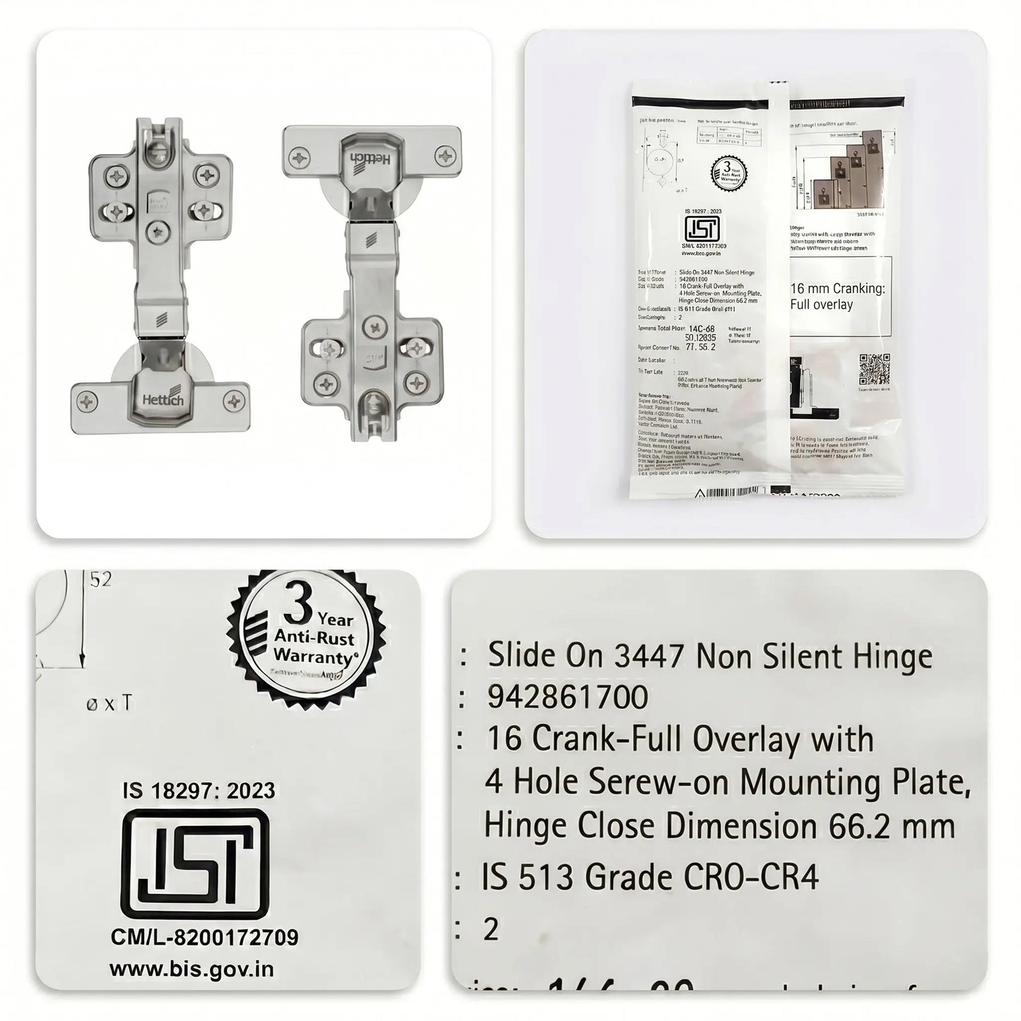 Hettich Slide On 3447 Non-Silent Hinge, Regular Close