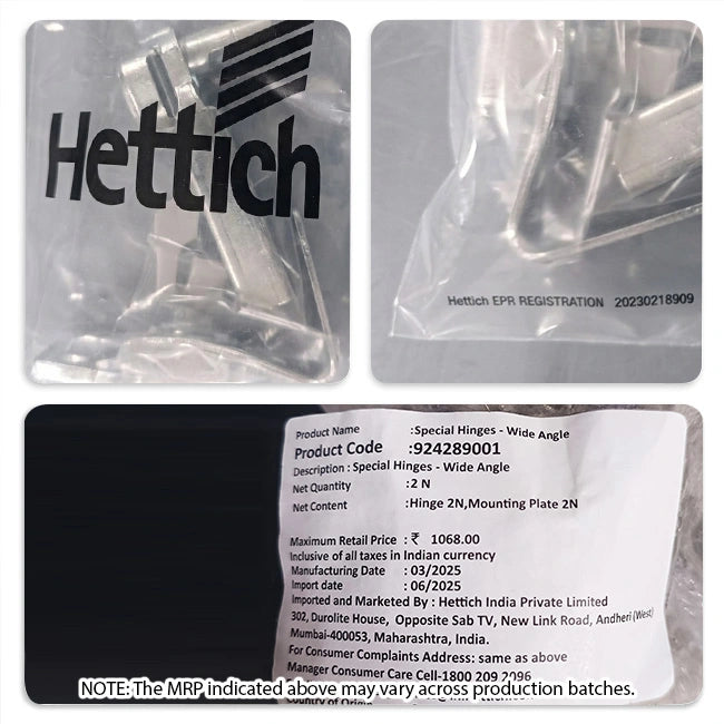 Hettich Intermat 9956 Corner 165° Zero Protrusion Regular Close Hinges, 0 Crank, 1 Set (2 Nos), 9242890