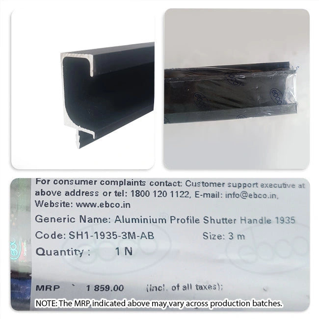 Ebco Aluminium Profile Shutter Handle, SH1-1935-3M-AB, Anodised Black, 19mm X 35mm, 3m Length