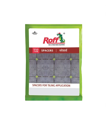 Close-up image showing Roff tile spacers used during ceramic tile installation