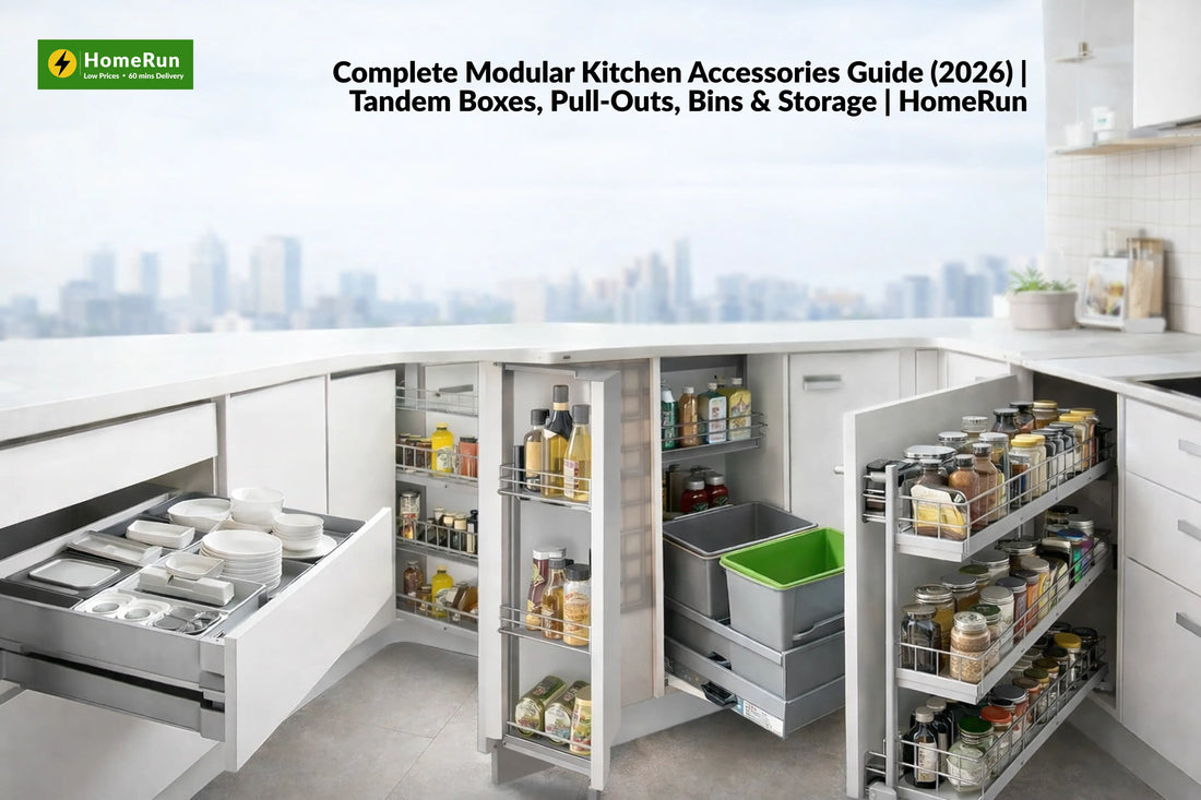 Complete Modular Kitchen Accessories Guide (2026) | Tandem Boxes, Pull-Outs, Bins & Storage | HomeRun
