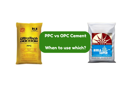 PPC vs OPC cement comparison guide showing UltraTech PPC and Birla Super cement bags - HomeRun 60-minute delivery in Bangalore