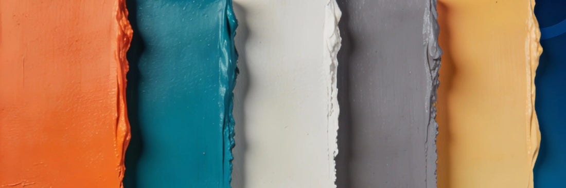 Asian Paints Royale Luxury Emulsion color guide banner featuring 97+ premium paint colors with interactive color swatches in warm oranges, cool teals, neutral greys, and cream tones on deep indigo gradient background