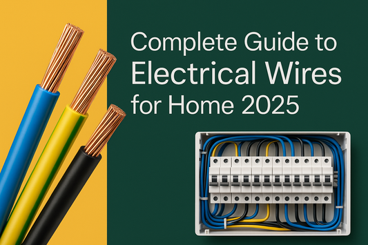Electrical wires buying guide 2025 banner with copper wires, modern electrical components, and brand colors for home wiring blog post