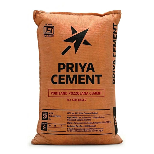 Priya Cement 50 kg Portland Pozzolana Cement (PPC) fly ash based bag manufactured by Rain Cements Limited, IS 8112 BIS certified, available online at HomeRun