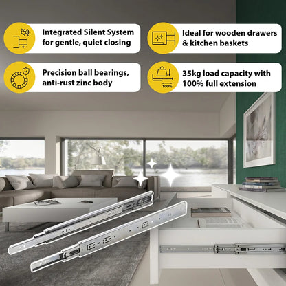 Ebco Sleek Telescopic Drawer Channel, Soft Close, 35 Kg Capacity, Zinc I Homerun, Bangalore