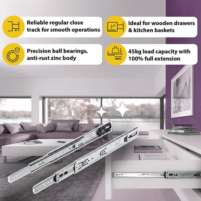 Hettich KA 5632 Telescopic Channel, Regular Close, 45 kg Capacity, Zinc, 200mm to 700mm