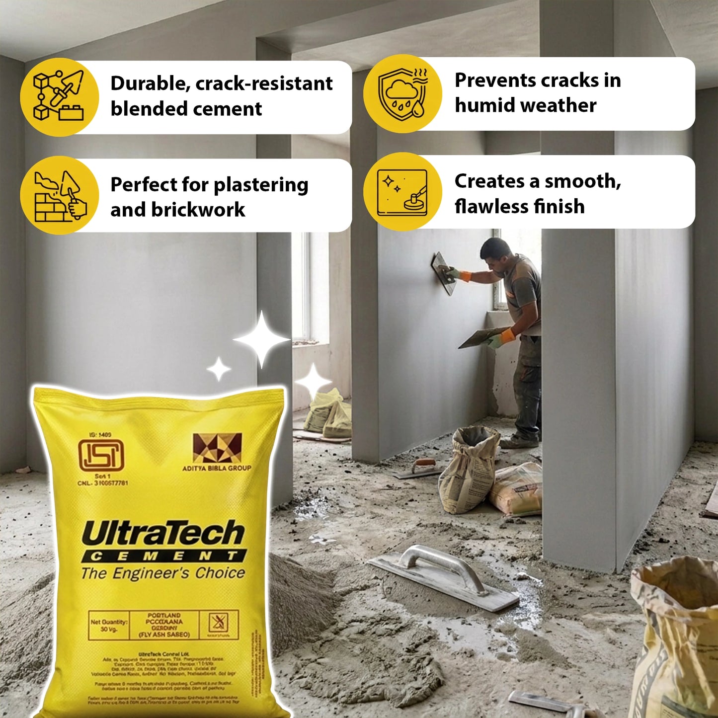 Maha Cement PPC bag highlighting key features: durable crack-resistant blended cement, prevents cracks in humid weather, perfect for plastering and brickwork, creates smooth flawless finish