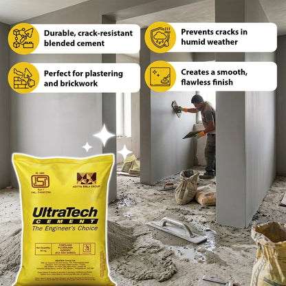 Maha Cement PPC bag highlighting key features: durable crack-resistant blended cement, prevents cracks in humid weather, perfect for plastering and brickwork, creates smooth flawless finish