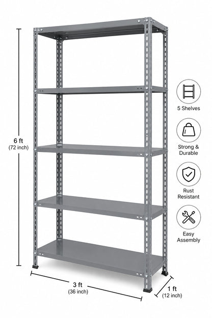 Base finish 5 Shelf Slotted Angle Storage Rack, 6ft x 3ft x 1ft, Mild Steel, 30 kg per Shelf