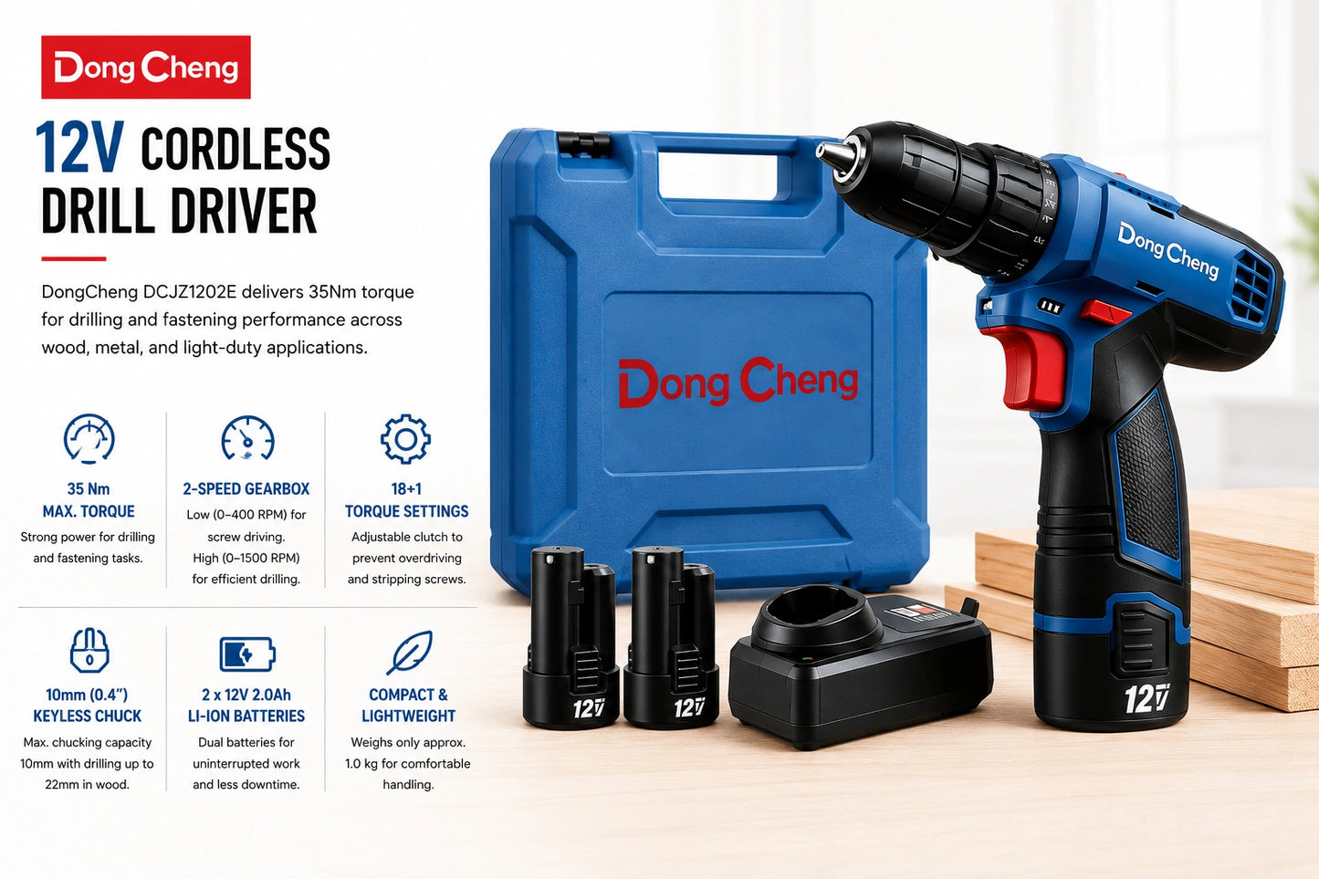 DongCheng DCJZ1202E 12V Cordless Drill Driver, 10mm (0.4"), 35Nm, 2-Speed with 2 Batteries