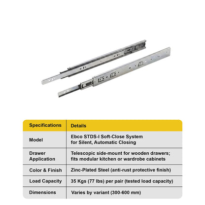 Ebco Sleek Telescopic Drawer Channel, Soft Close, 35 Kg Capacity, Zinc I Homerun, Bangalore