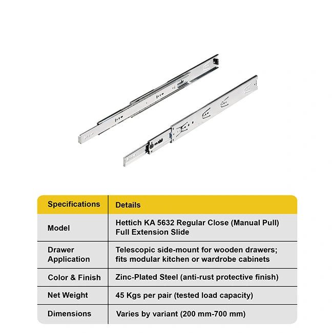 Hettich KA 5632 Telescopic Channel, Regular Close, 45 kg Capacity, Zinc, 200mm to 700mm