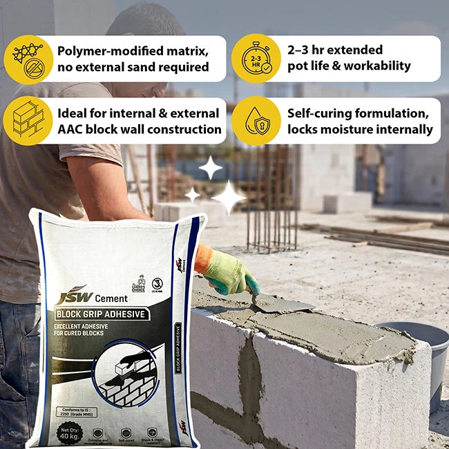 JSW Block Grip AAC Block Jointing Mortar/Adhesive, 40 Kg Bag | HomeRun, Bangalore