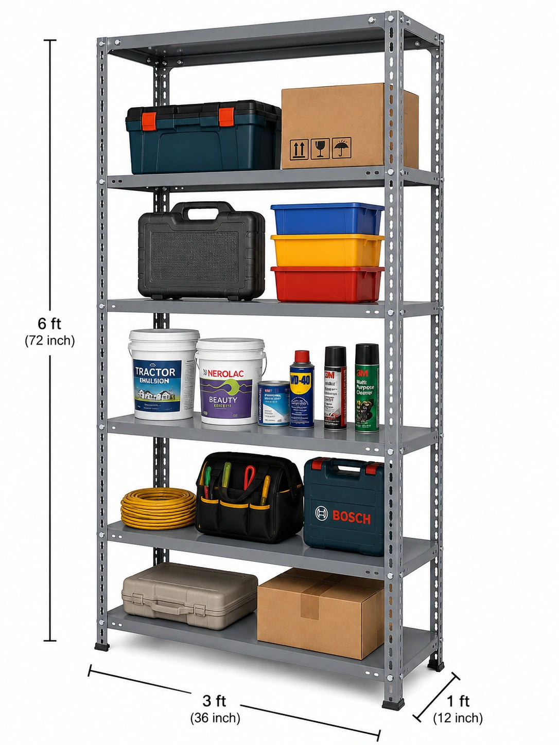Base finish 5 Shelf Slotted Angle Storage Rack, 6ft x 3ft x 1ft, Mild Steel, 30 kg per Shelf