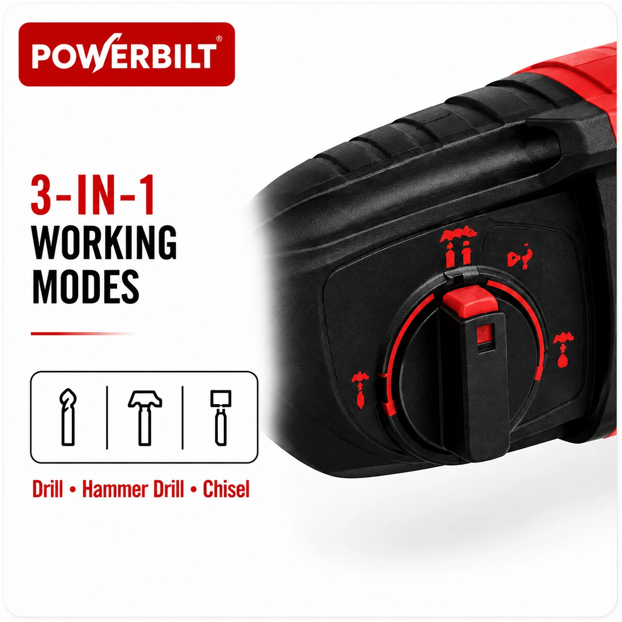 Powerbilt PBT-RH-26 Heavy Duty Rotary Hammer, 1600W, 26mm (1.02")