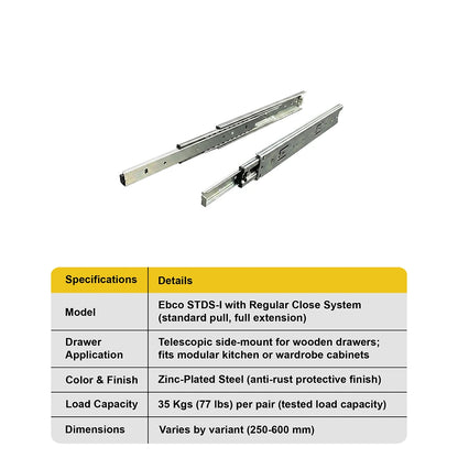 Ebco Sleek Telescopic Drawer Channel, Regular Close, 35 Kg Capacity, Zinc