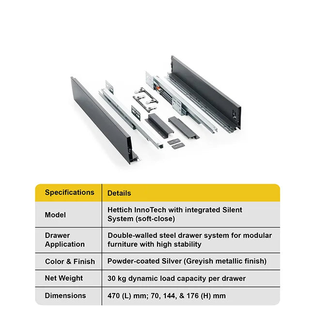 Hettich InnoTech Tandem Box, Silver, 470mm, 30Kg, Full Set | HomeRun, Bangalore