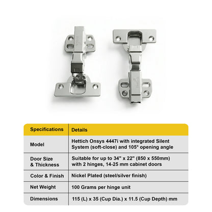 Hettich Onsys 4447i Soft Close Hinges, 1 Set (2 Nos) | HomeRun, Bangalore