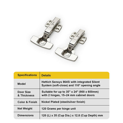 Hettich Sensys 8645i Soft Close Hinges, 1 Set (2 Nos) | HomeRun, Bangalore
