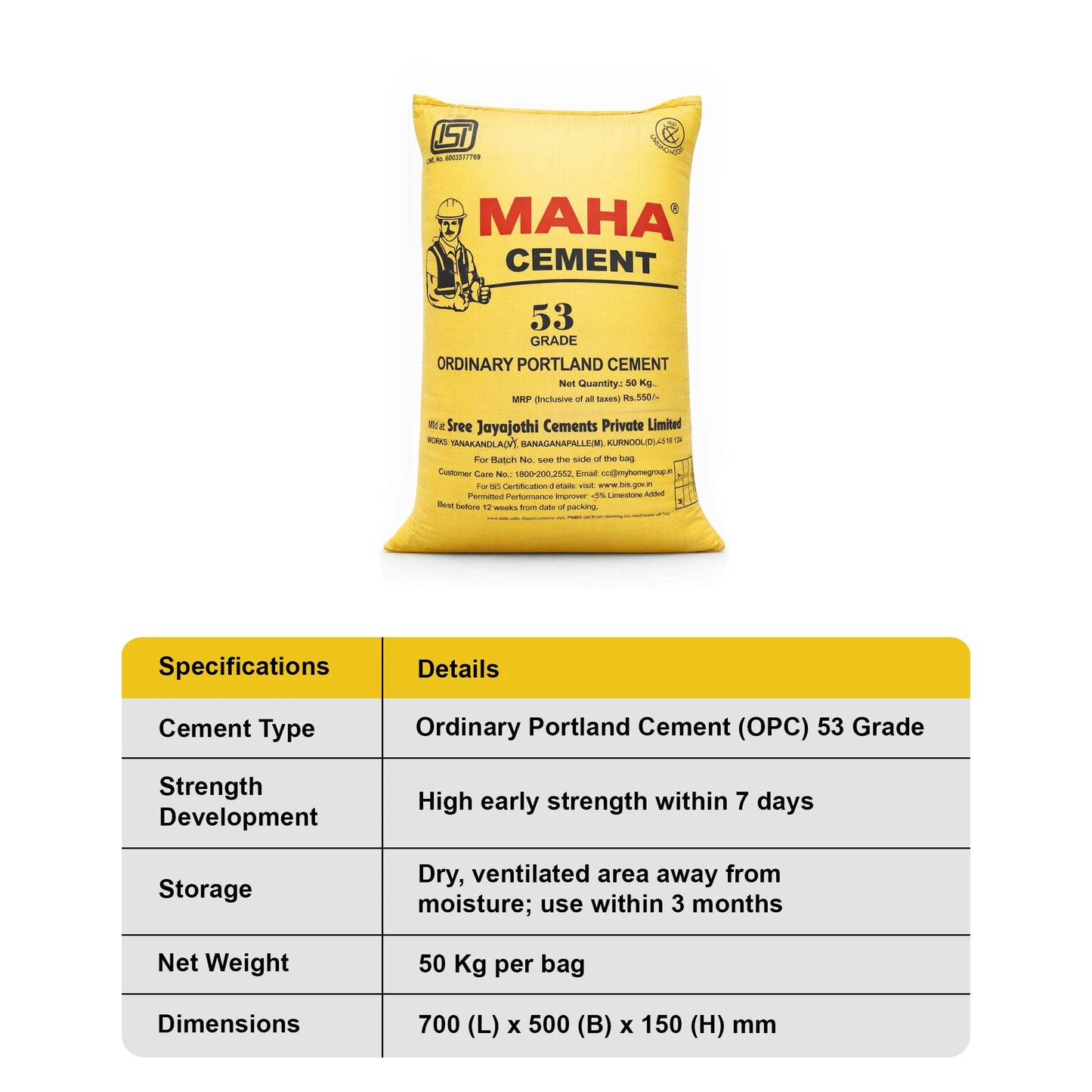 Maha Cement OPC 53 Grade Cement, 50 Kg Bag | HomeRun, Bangalore