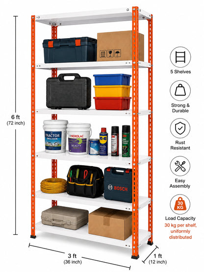 Powder Coated 5 Shelf Slotted Angle Storage Rack, 6ft x 3ft x 1ft, Mild Steel, Multicolor & White, 30 kg per Shelf