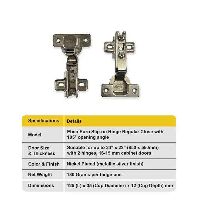 Ebco Slip On Hinge - EURO - Regular Close Hinges, 1 Set (2 Nos) | HomeRun, Bangalore