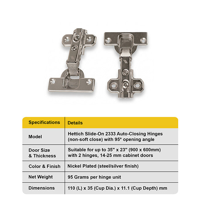 Hettich Slide On 2333 Regular Close Hinges, 1 Set (2 Nos) | HomeRun, Bangalore