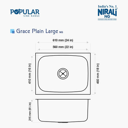 Nirali Grace Plain Single Bowl Kitchen Sink, Stainless Steel - Matt Finish
