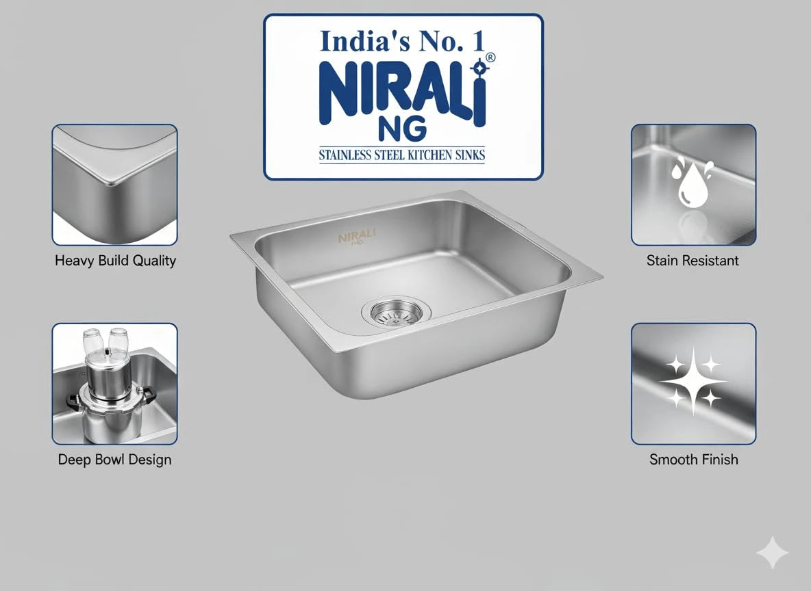 Nirali Grace Plain Single Bowl Kitchen Sink, Stainless Steel - Matt Finish
