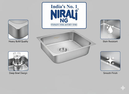 Nirali Grace Plain Single Bowl Kitchen Sink, Stainless Steel - Matt Finish