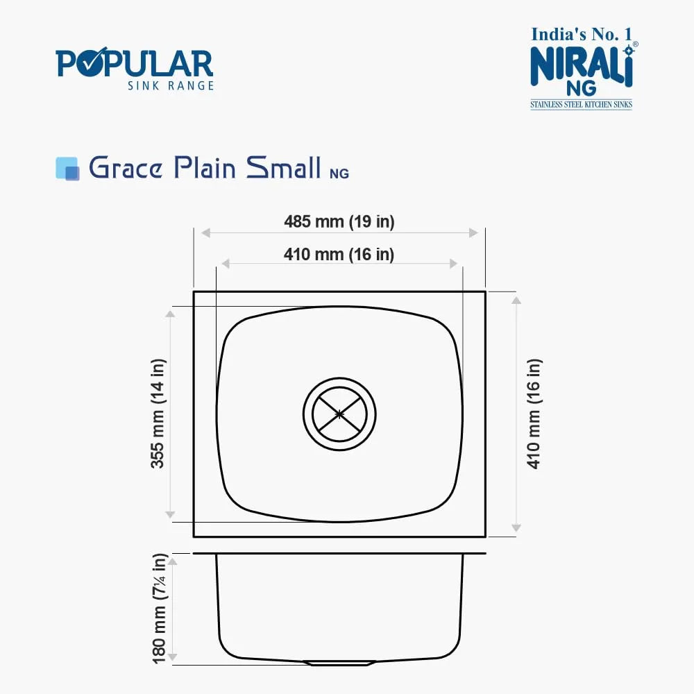 Nirali Grace Plain Single Bowl Kitchen Sink, Stainless Steel - Matt Finish