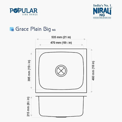Nirali Grace Plain Single Bowl Kitchen Sink, Stainless Steel - Matt Finish