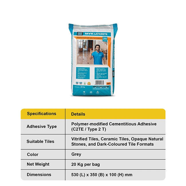 MYK Laticrete 315 Plus Tile Adhesive, Grey, 20 Kg Bag | HomeRun, Bangalore