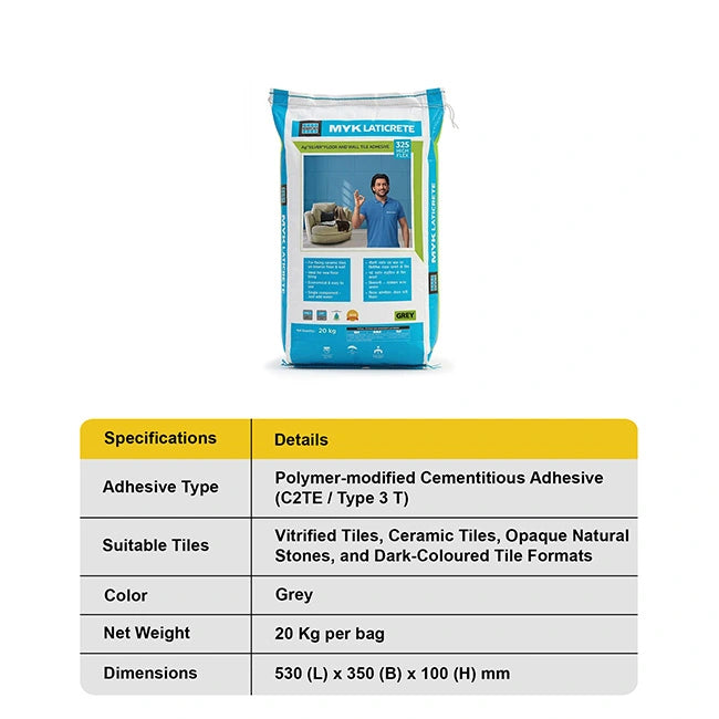 MYK Laticrete 325 High Flex Tile & Stone Adhesive, Grey, 20 Kg Bag | HomeRun, Bangalore