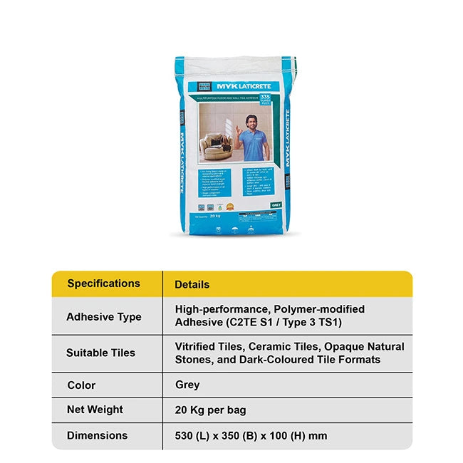 MYK Laticrete 335 Super Flex Tile & Stone Adhesive, Grey, 20 Kg Bag | HomeRun, Bangalore