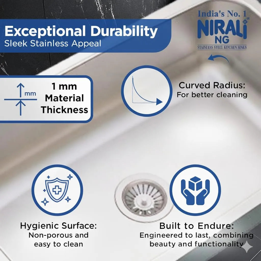 Nirali Elegance Single Bowl with Drain Board, Stainless Steel  - Matte Finish