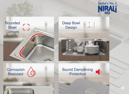 Nirali Elegance Single Bowl with Drain Board, Stainless Steel  - Matte Finish