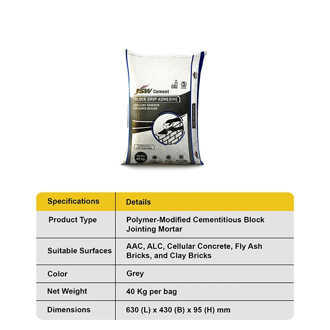 JSW Block Grip AAC Block Jointing Mortar/Adhesive, 40 Kg Bag | HomeRun, Bangalore