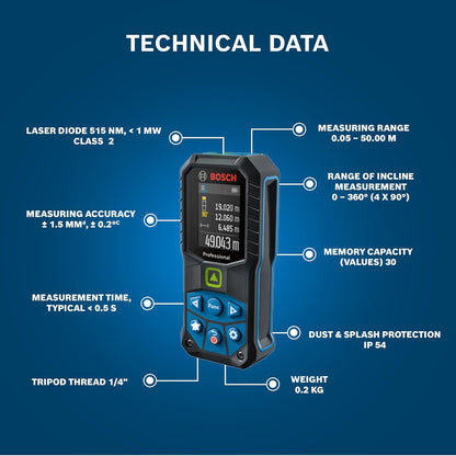 Bosch GLM 50-23 G Laser Distance Meter, 50m Range, Green Laser