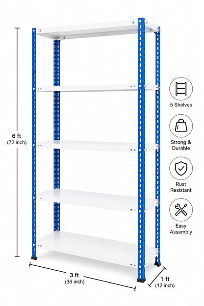 Powder Coated 5 Shelf Slotted Angle Storage Rack, 6ft x 3ft x 1ft, Mild Steel, Multicolor & White, 30 kg per Shelf