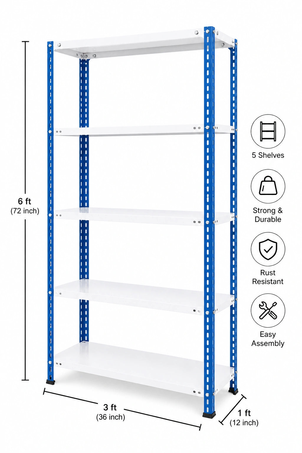 Powder Coated 5 Shelf Slotted Angle Storage Rack, 6ft x 3ft x 1ft, Mild Steel, Blue & White, 30 kg per Shelf