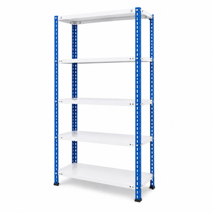Powder Coated 5 Shelf Slotted Angle Storage Rack, 6ft x 3ft x 1ft, Mild Steel, Blue & White, 30 kg per Shelf