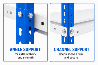 Powder Coated 5 Shelf Slotted Angle Storage Rack, 6ft x 3ft x 1ft, Mild Steel, Blue & White, 30 kg per Shelf