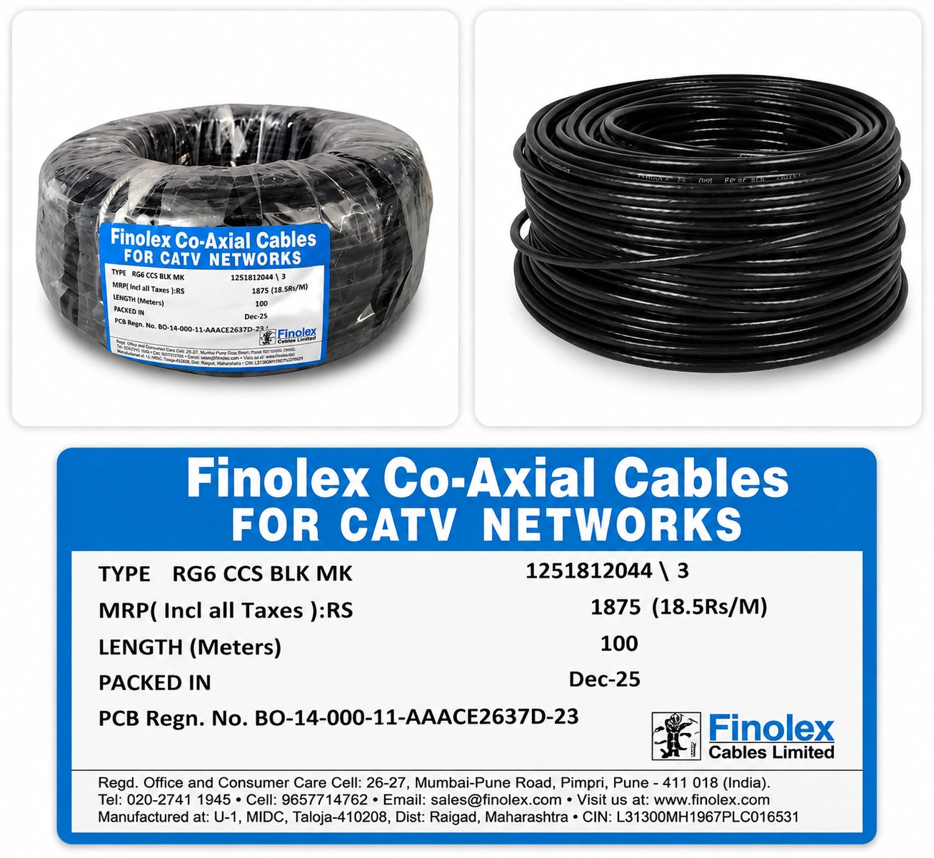 Finolex RG-6 CCS Axial Cable, 100m
