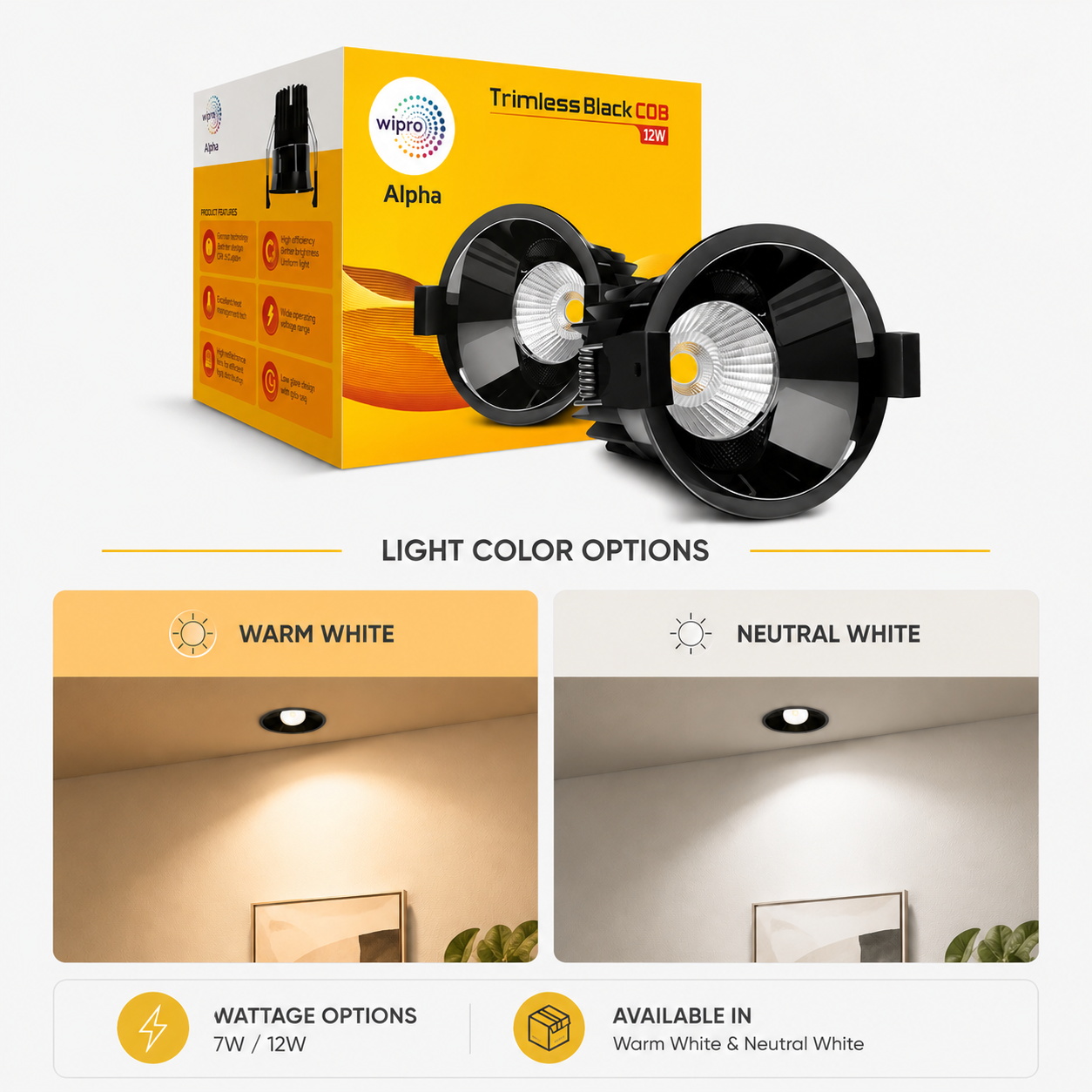 Wipro Alpha Trimless Black COB LED Spotlight (2 Years Warranty)