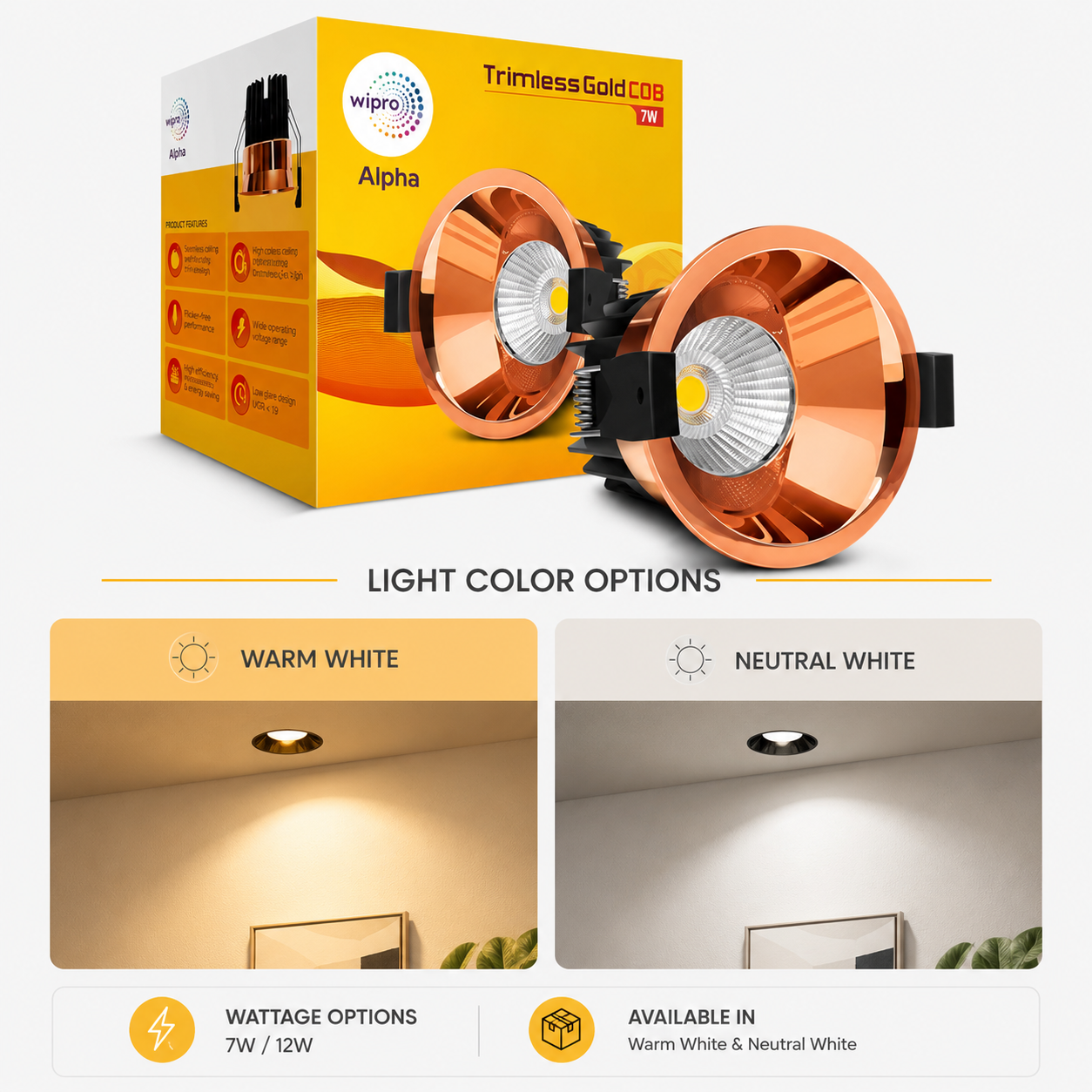 Wipro Alpha Trimless Gold COB LED Spotlight (2 Years Warranty)