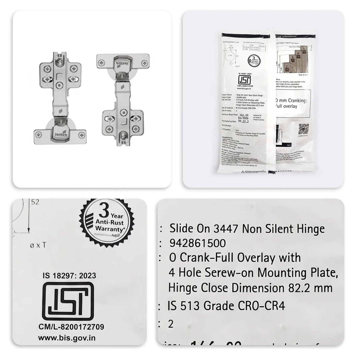 Hettich Slide On 3447 Non-Silent Hinge, Regular Close