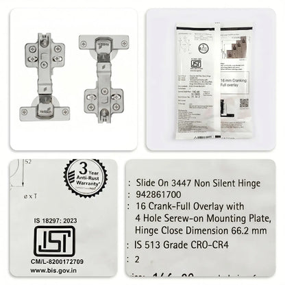 Hettich Slide On 3447 Non-Silent Hinge, Regular Close